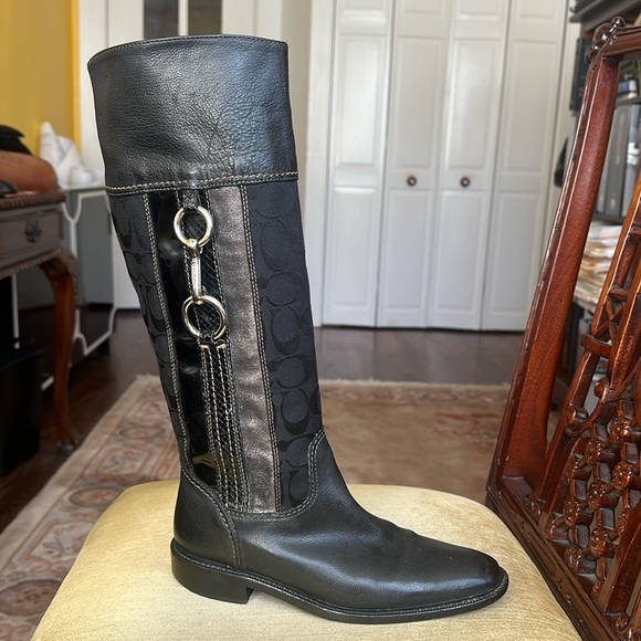 Coach ROCHELLE Pull on Signature Canvas Leather Black Riding Boots - Picture 2 of 16